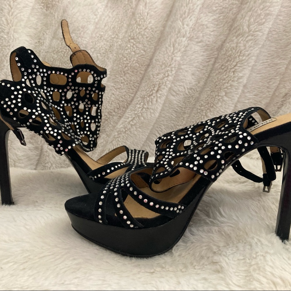 Womens black velvet heels with rhinestones